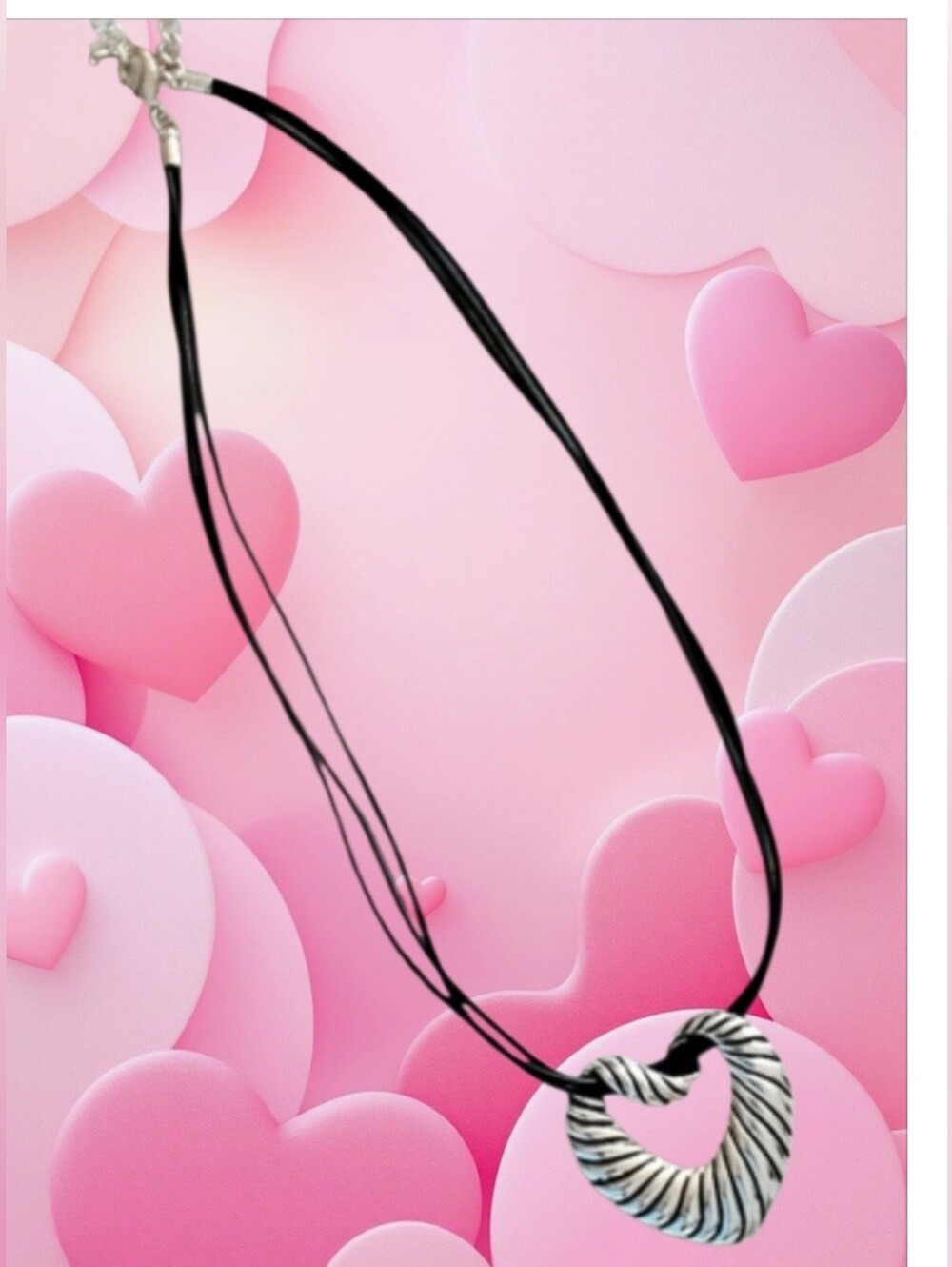 Silver Stipe Heart Black Cord Necklace